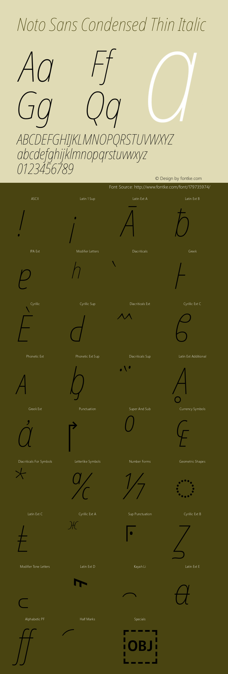 Noto Sans Condensed Thin Italic Version 2.001; ttfautohint (v1.8.2)图片样张