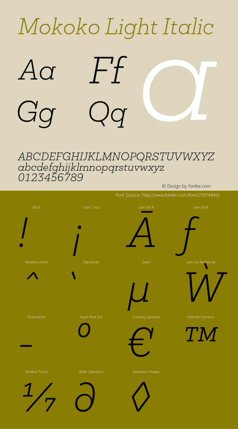 MokokoLightItalic Version 1.000 Font Sample