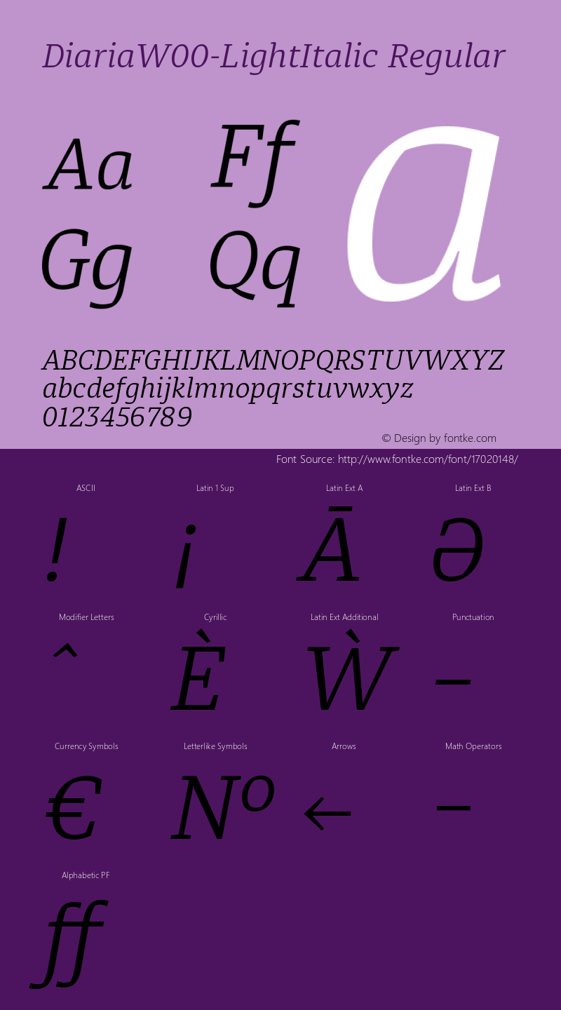 DiariaW00-LightItalic Regular Version 1.00 Font Sample