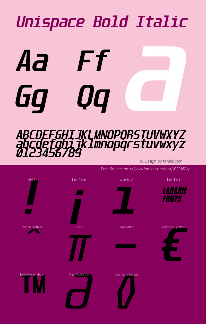 Unispace Bold Italic Version 3.000 2005 initial release Font Sample