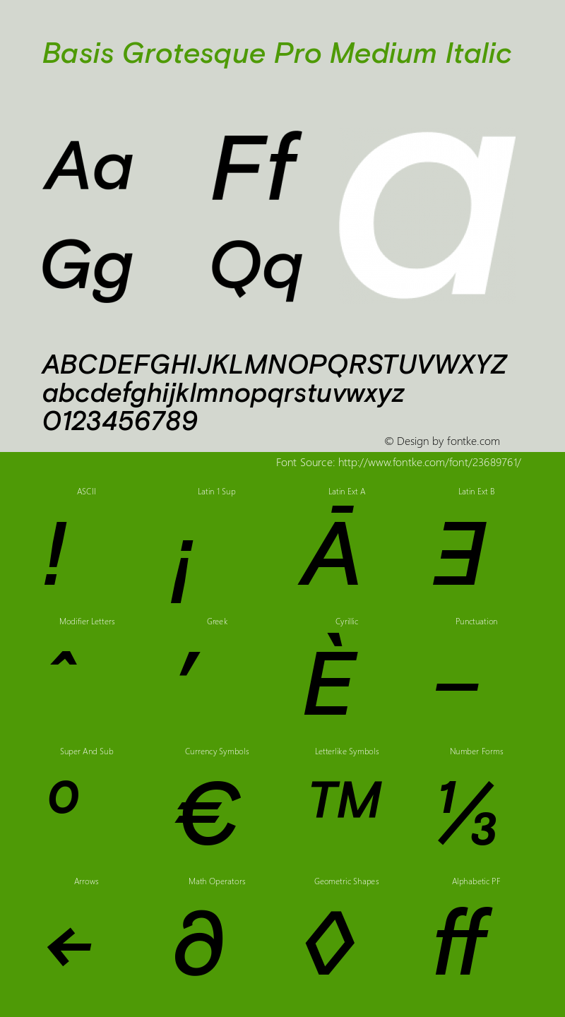Basis Grotesque Pro Medium Italic Version 1.001; ttfautohint (v1.5) Font Sample