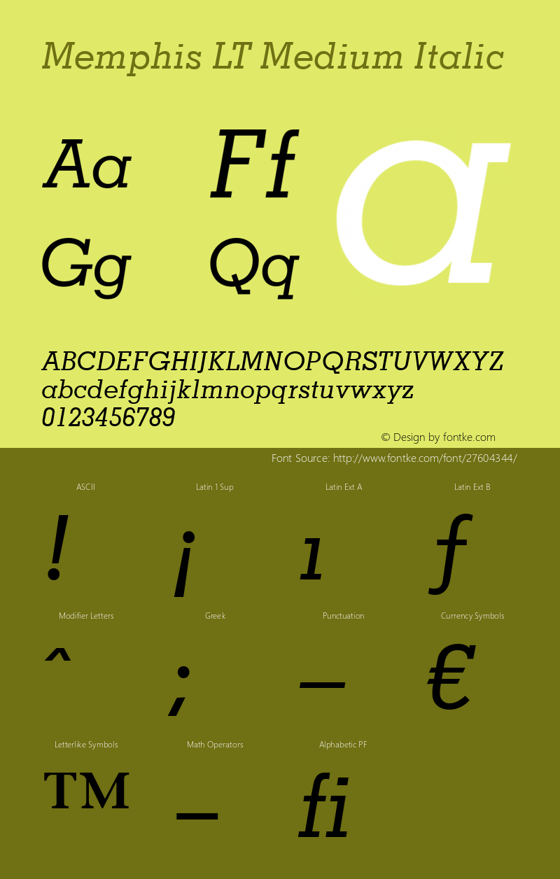 Memphis LT Medium Italic Version 6.03 Font Sample