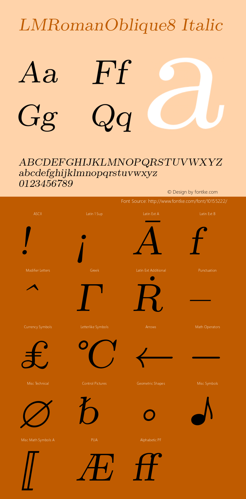 LMRomanOblique8 Italic Version 1.011;PS 0.99.3;Core 1.0.38;makeotf.lib1.6.5960 Font Sample