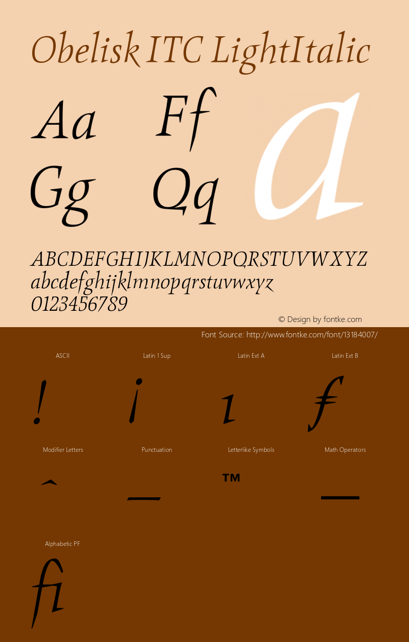 Obelisk ITC LightItalic Version 001.001 Font Sample