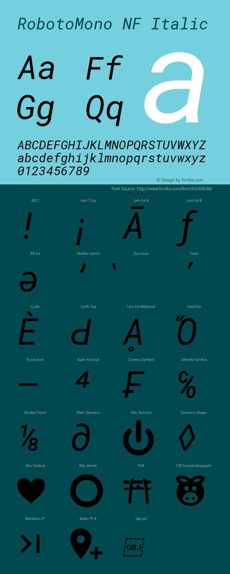 Roboto Mono Italic Nerd Font Complete Windows Compatible Version 2.000986; 2015; ttfautohint (v1.3) Font Sample