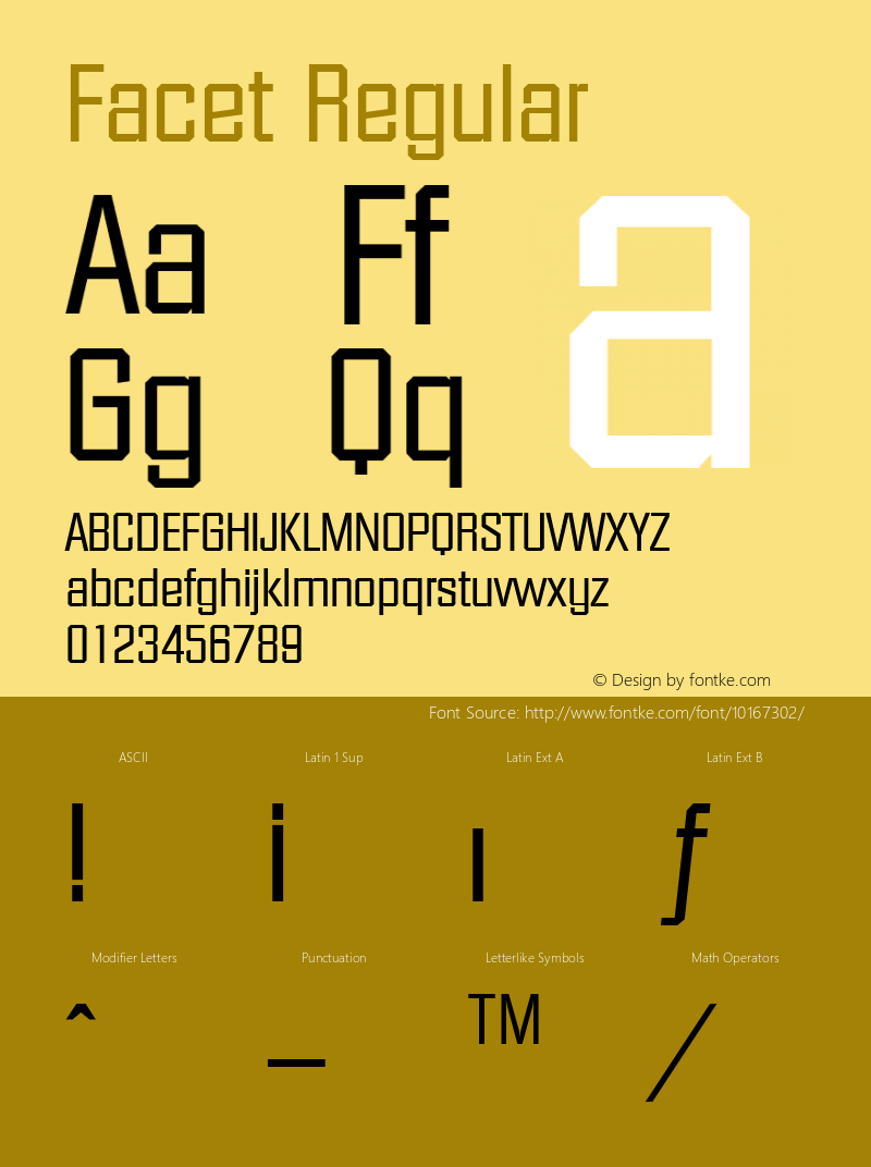 Facet Regular The IMSI MasterFonts Collection, tm 1995, 1996 IMSI (International Microcomputer Software Inc.) Font Sample