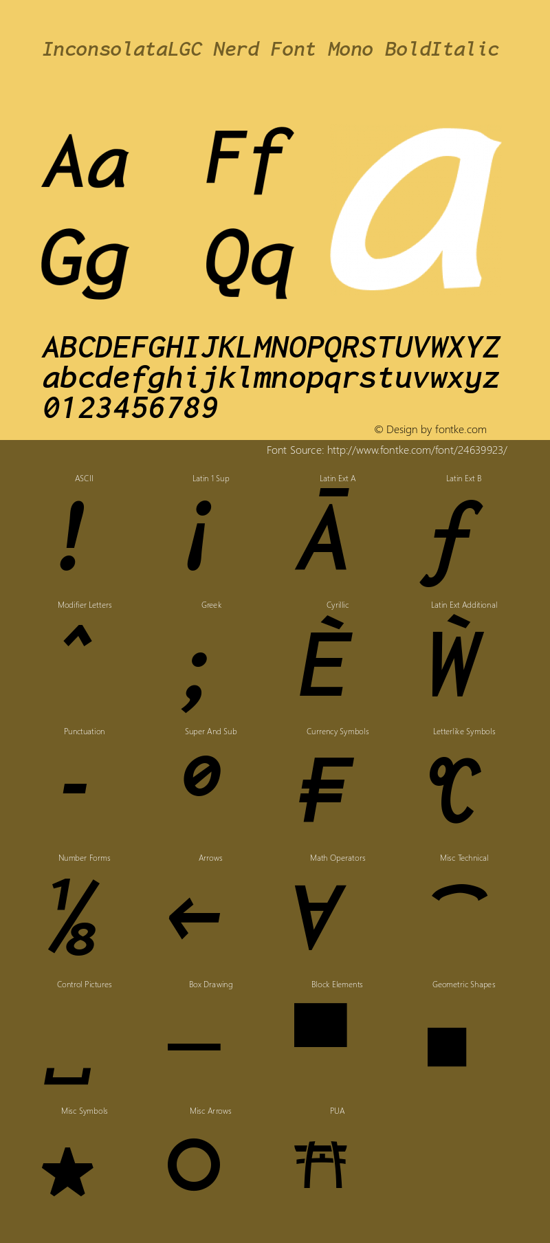 Inconsolata LGC Bold Italic Nerd Font Complete Mono Version 1.3;Nerd Fonts 1.2.0 Font Sample