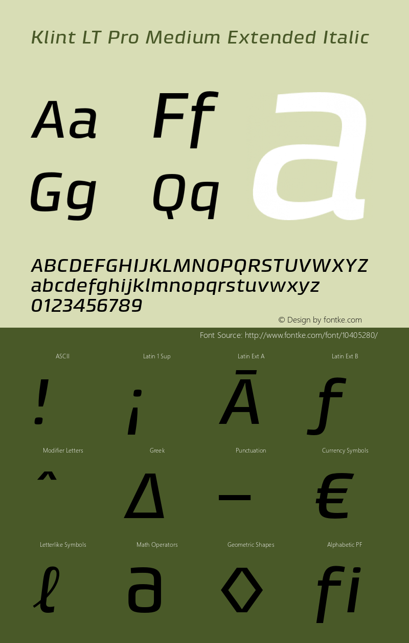 Klint LT Pro Medium Extended Italic Version 1.00 Font Sample