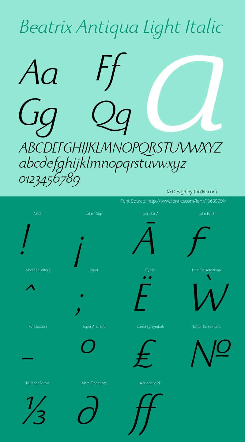 Beatrix Antiqua Light Italic Version 1.008 Font Sample