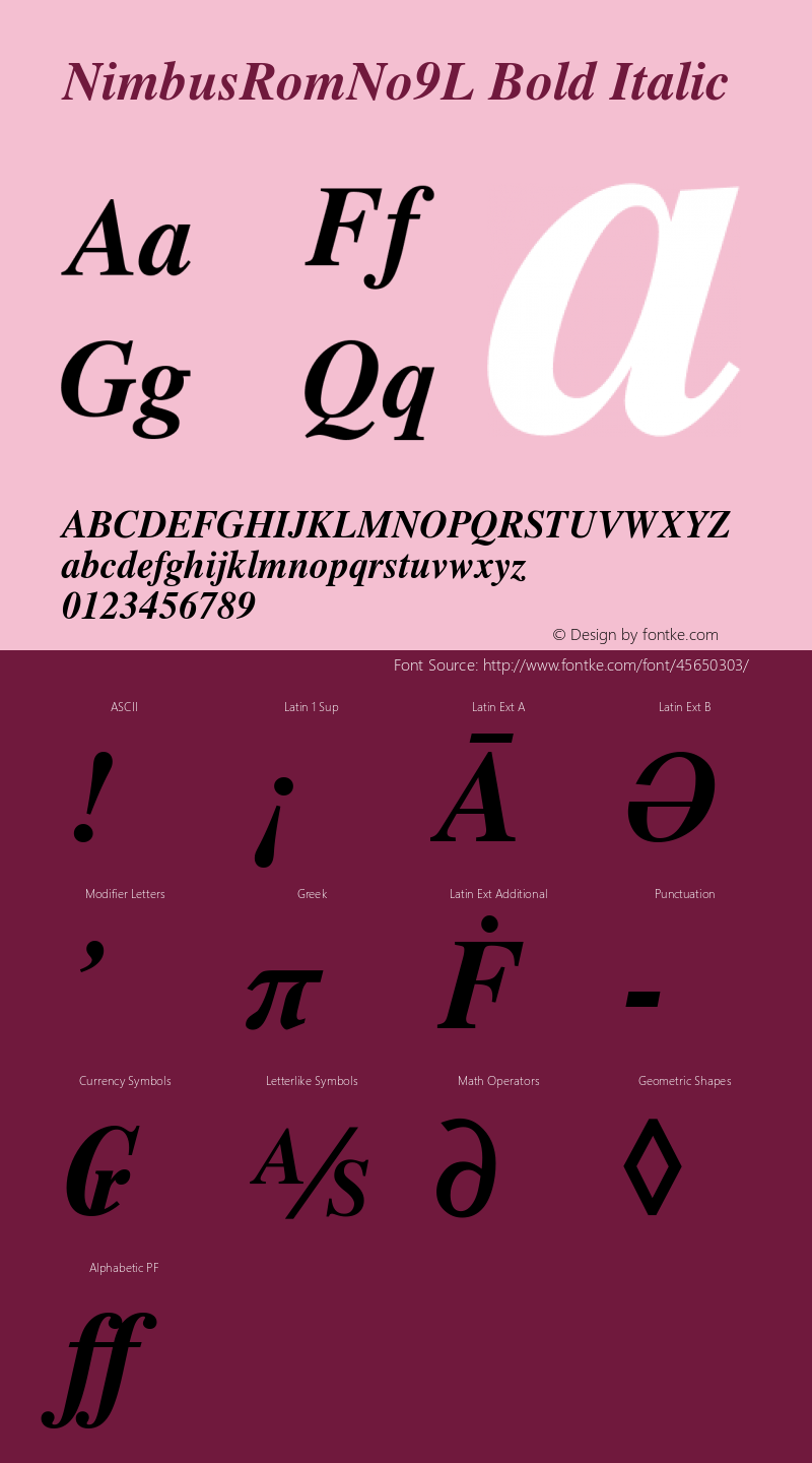 NimbusRomNo9L Bold Italic Version 1.00 Font Sample