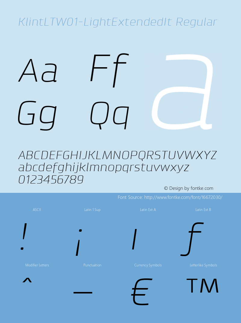 KlintLTW01-LightExtendedIt Regular Version 1.00 Font Sample