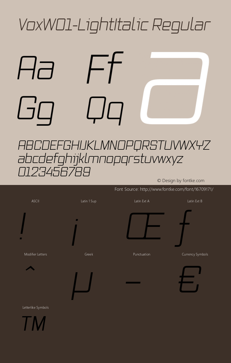 VoxW01-LightItalic Regular Version 1.00 Font Sample