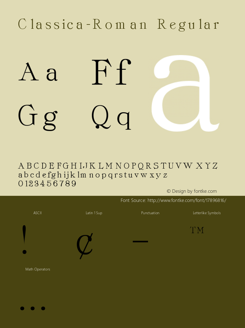 Classica-Roman Regular Altsys Fontographer 3.5  3/29/92 Font Sample