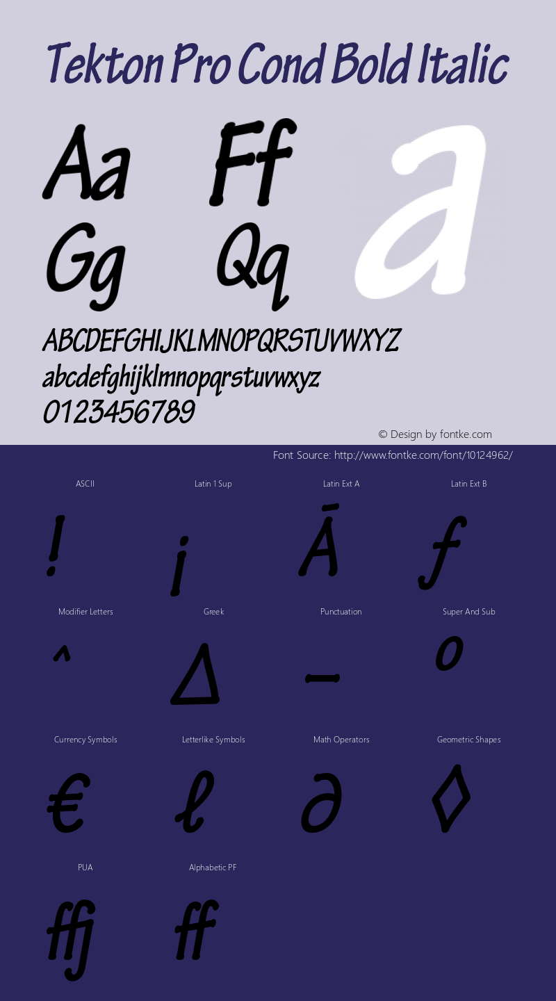 Tekton Pro Cond Bold Italic OTF 1.005;PS 001.000;Core 1.0.23;hotunix 1.28 Font Sample