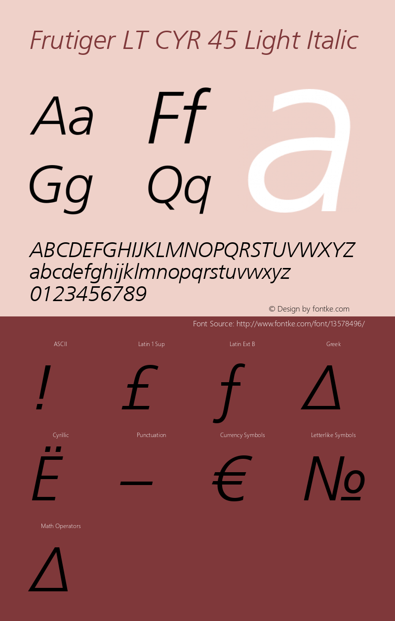 Frutiger LT CYR 45 Light Italic Version 1.01 Font Sample