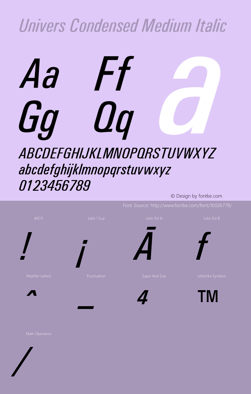 Univers Condensed Medium Italic Version 1.3 (Hewlett-Packard) Font Sample
