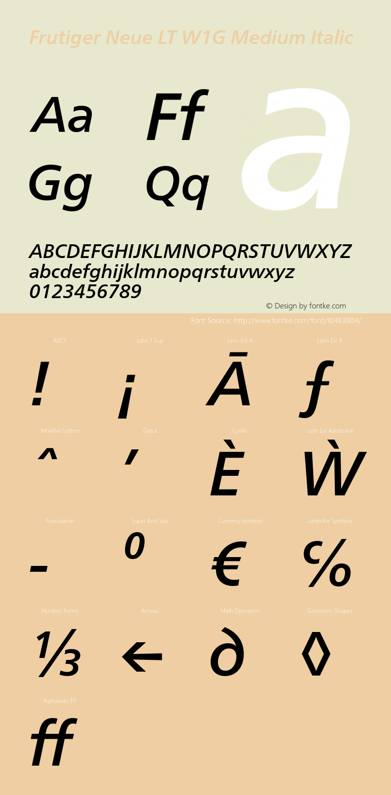 Frutiger Neue LT W1G Medium Italic Version 1.00 Font Sample