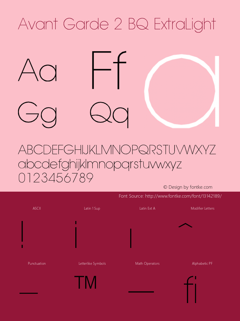 Avant Garde 2 BQ ExtraLight Version 001.000 Font Sample