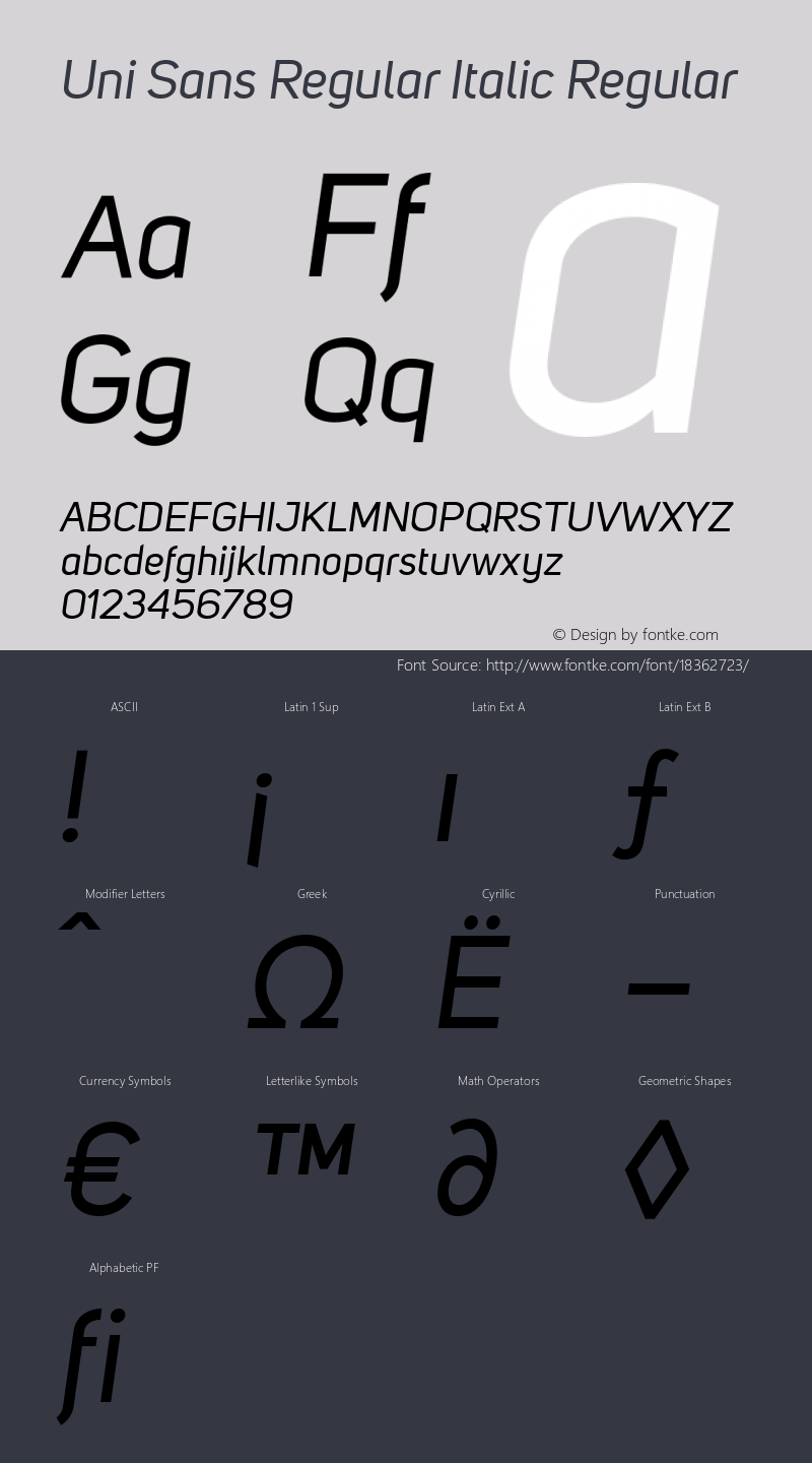 Uni Sans Regular Italic Regular Version 001.029 Font Sample