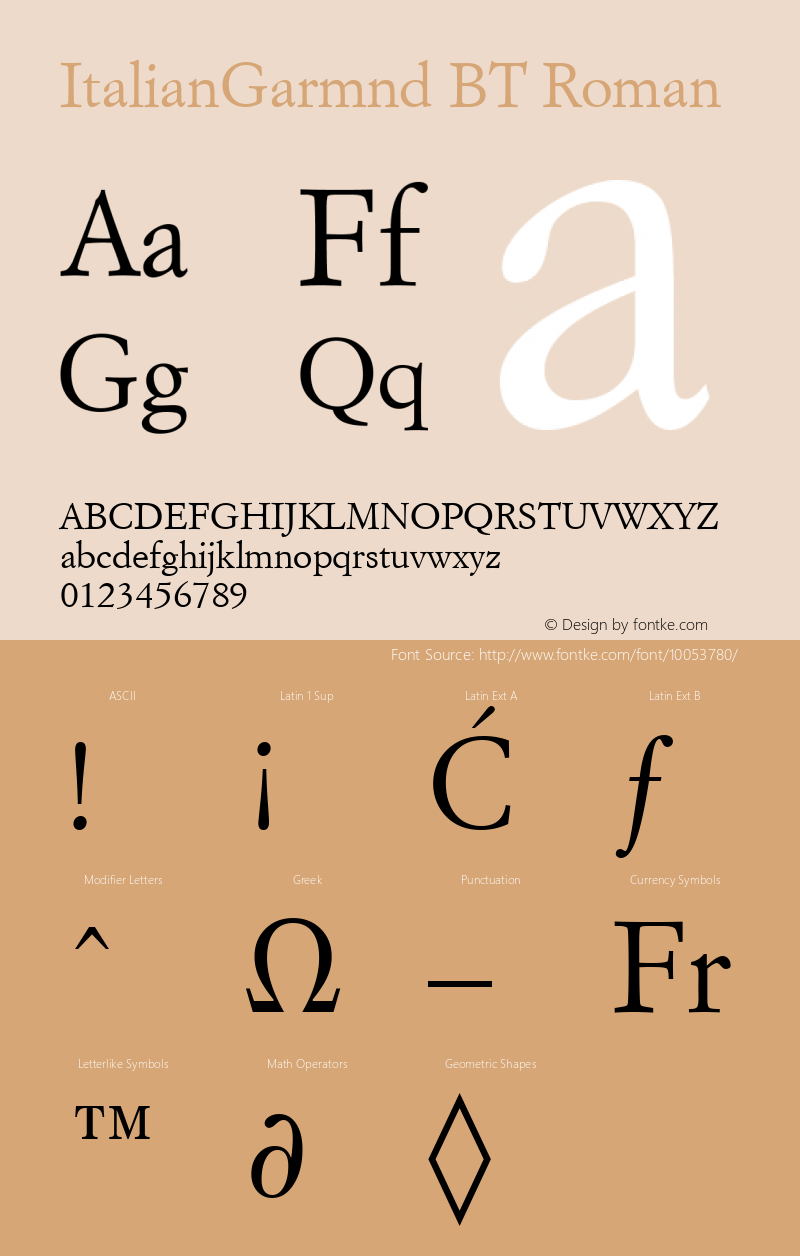 ItalianGarmnd BT Roman mfgpctt-v1.54 Tuesday, February 9, 1993 8:33:34 am (EST) Font Sample