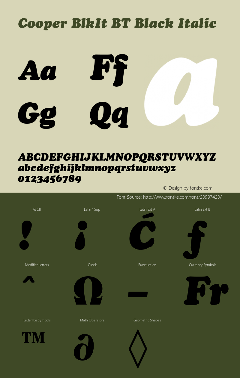 Cooper BlkIt BT Black Italic mfgpctt-v4.4 Jan 4 1999 Font Sample