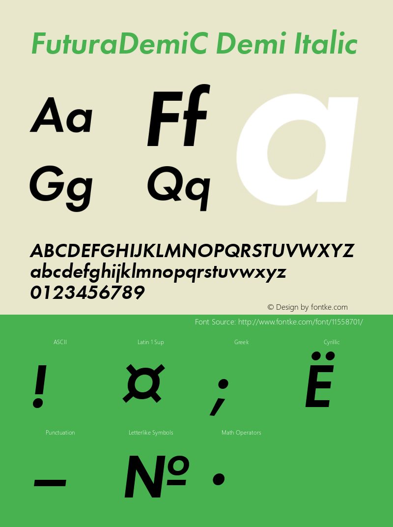 FuturaDemiC Demi Italic Version 001.000 Font Sample