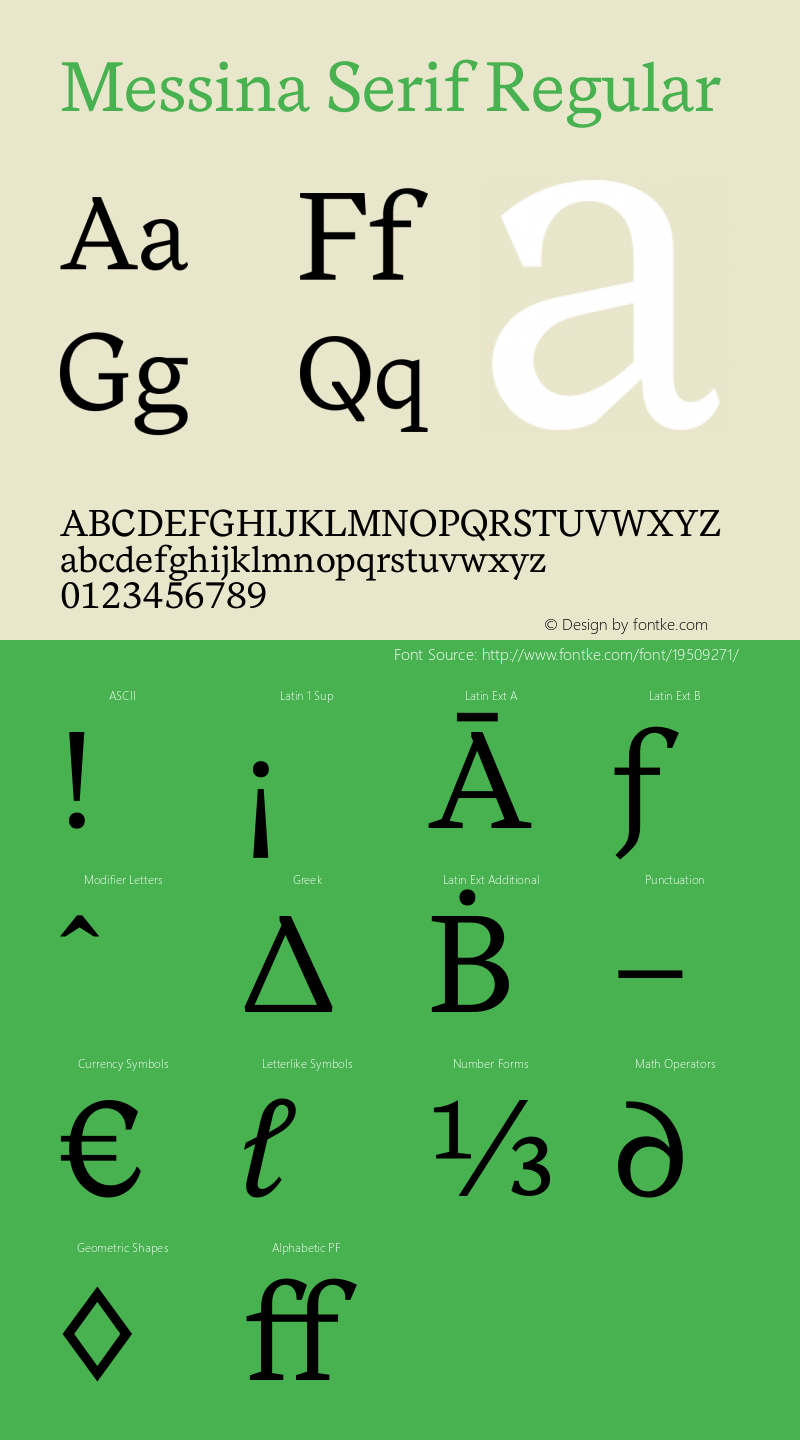 Messina-Regular Version 1.000;PS 002.000;hotconv 1.0.70;makeotf.lib2.5.58329; ttfautohint (v1.3) Font Sample