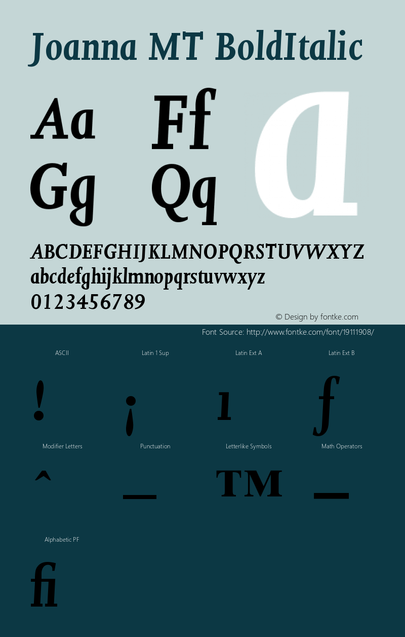 Joanna MT Bold Italic Version 001.000 Font Sample