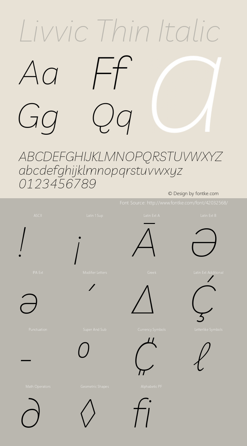 Livvic Thin Italic Version 1.001; ttfautohint (v1.8.2) Font Sample