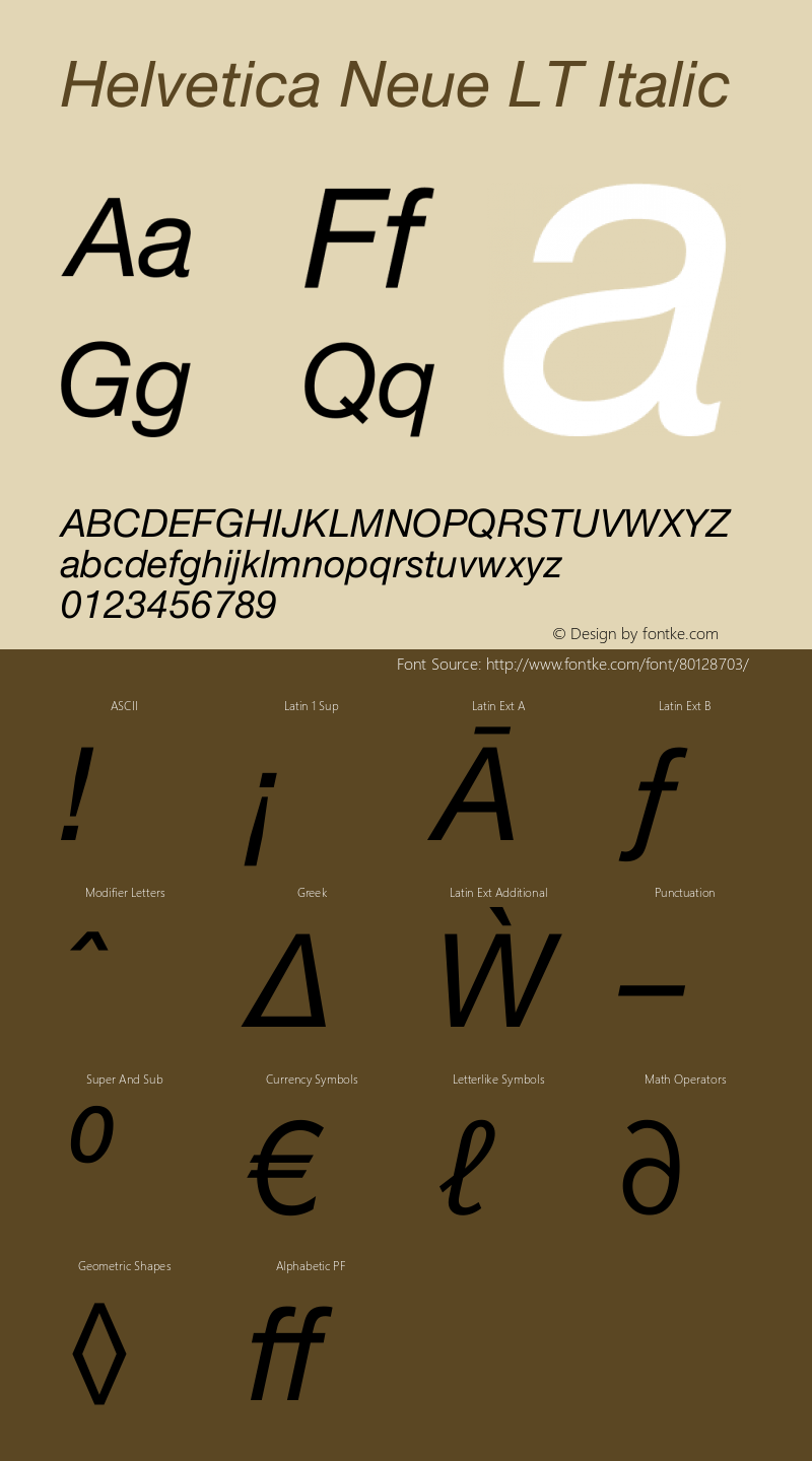 Helvetica Neue LT 56 Italic 001.000 Font Sample