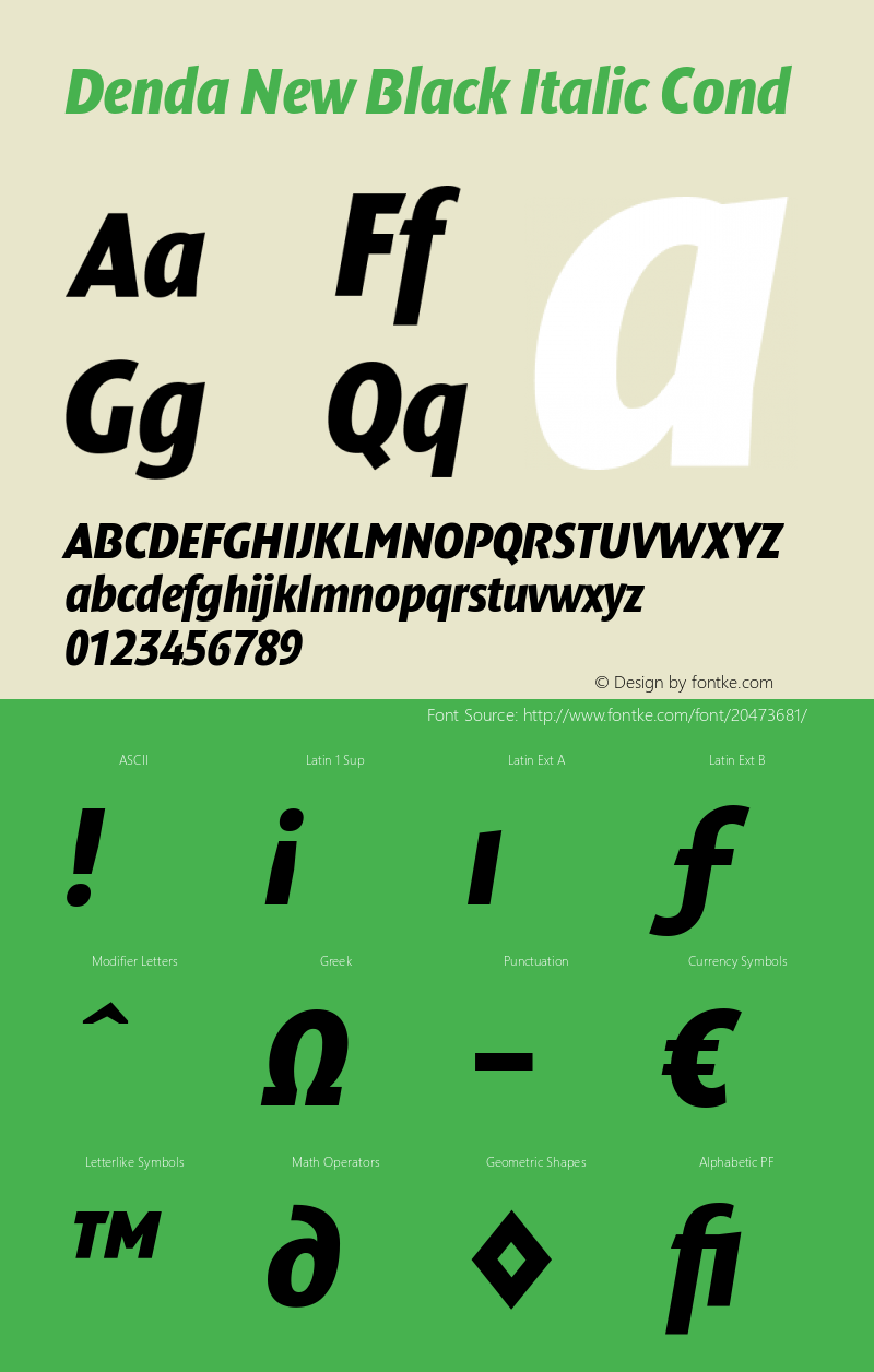 DendaNew-BlackItalicCond Version 001.001; t1 to otf conv Font Sample