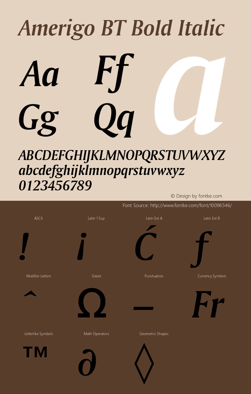 Amerigo BT Bold Italic Version 2.001 mfgpctt 4.4 Font Sample