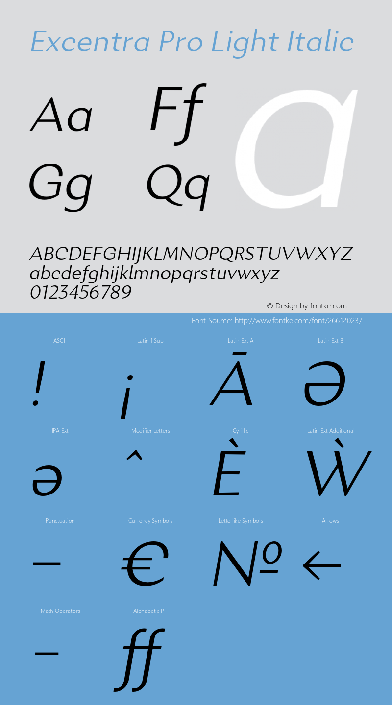 Excentra Pro Light Italic Version 001.000 Font Sample