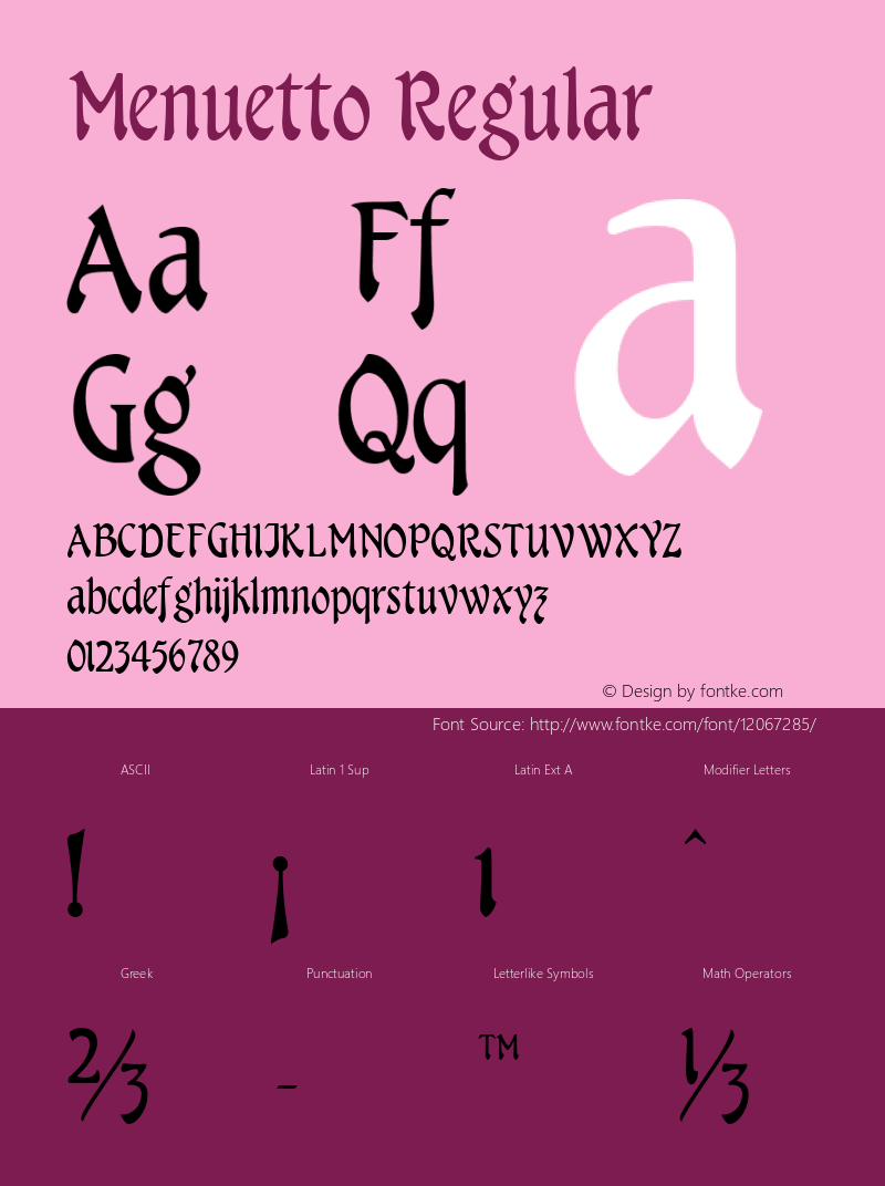 Menuetto Regular Altsys Fontographer 4.0.4 7/21/94 Font Sample
