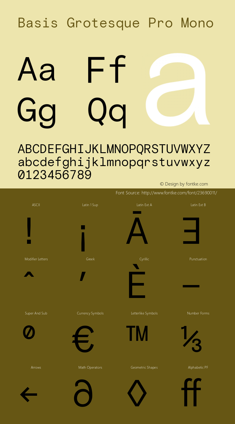 Basis Grotesque Pro Mono Version 1.001; ttfautohint (v1.5) Font Sample