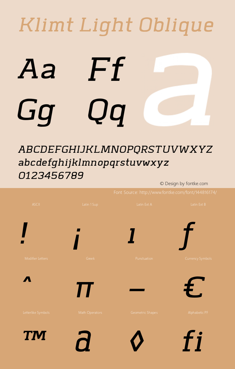 Klimt-LightOblique Version 1.000 Font Sample