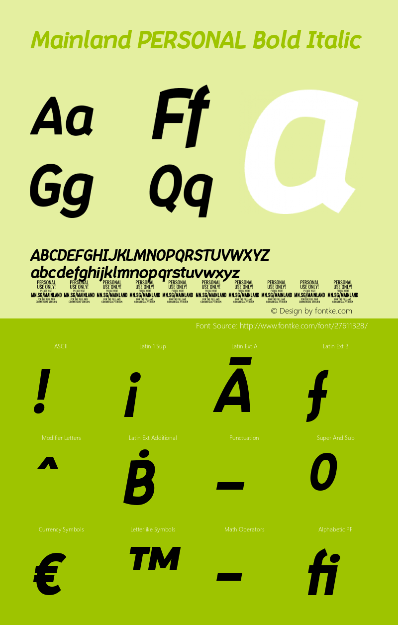 Mainland PERSONAL Bold Italic Version 1.000 Font Sample