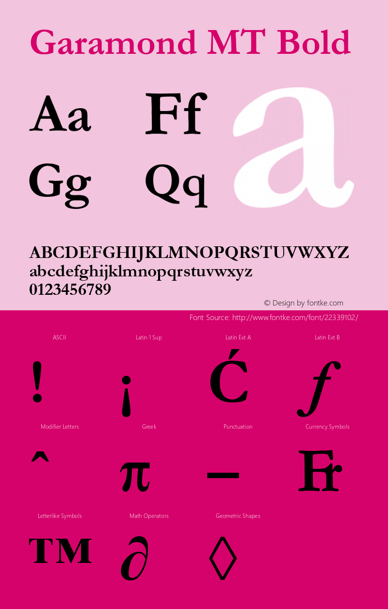 Garamond MT Bold 2.00 : September 1992 : 261 set hinted by hand. Font Sample