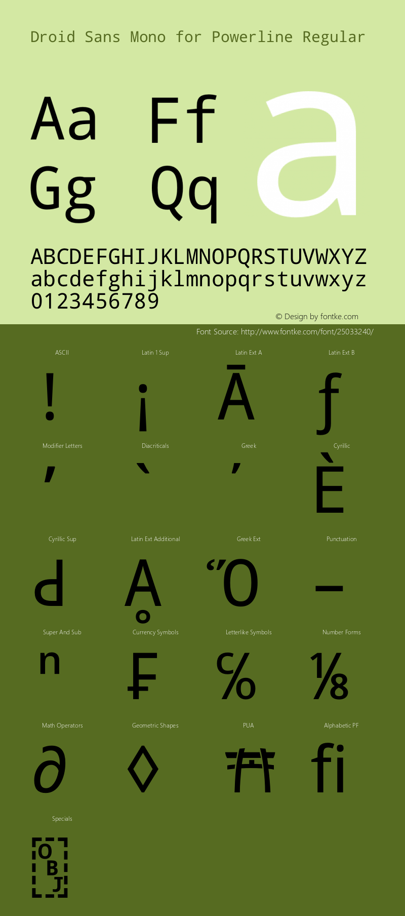 Droid Sans Mono for Powerline Nerd Font Plus Font Awesome Plus Octicons Plus Pomicons Windows Compatible Version 1.00 build 113 Font Sample