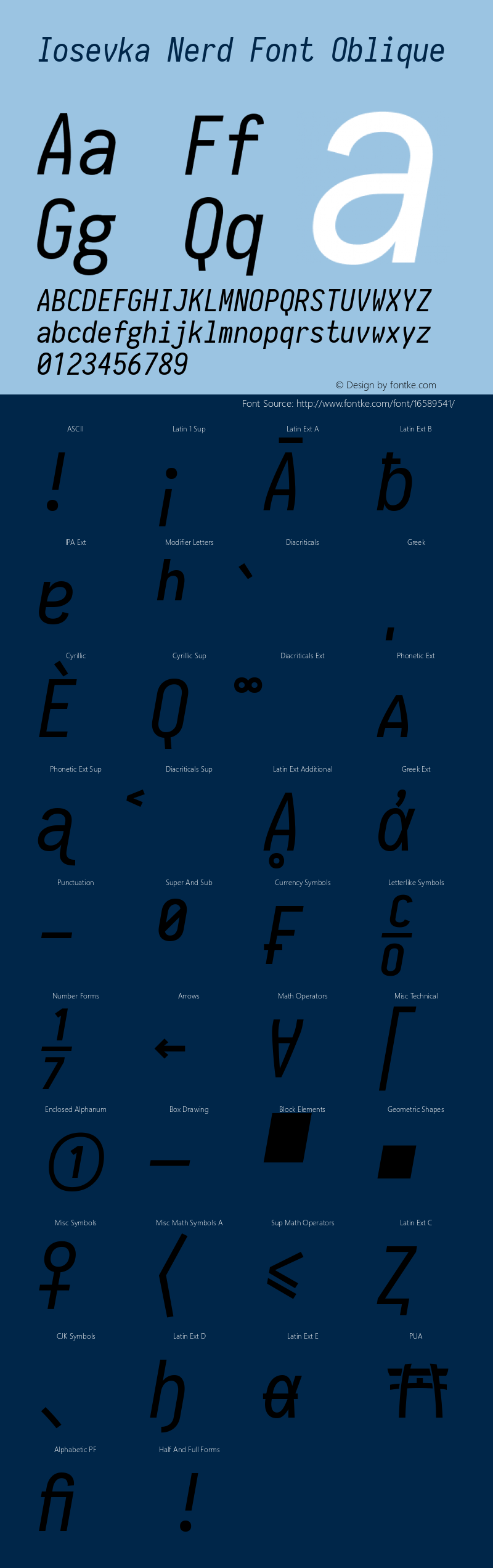 Iosevka Nerd Font Oblique 1.8.4; ttfautohint (v1.5) Font Sample