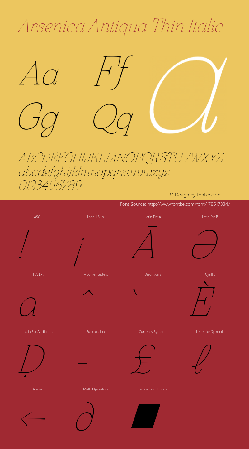 Arsenica Antiqua Thin Italic Version 0.003;hotconv 1.0.109;makeotfexe 2.5.65596图片样张