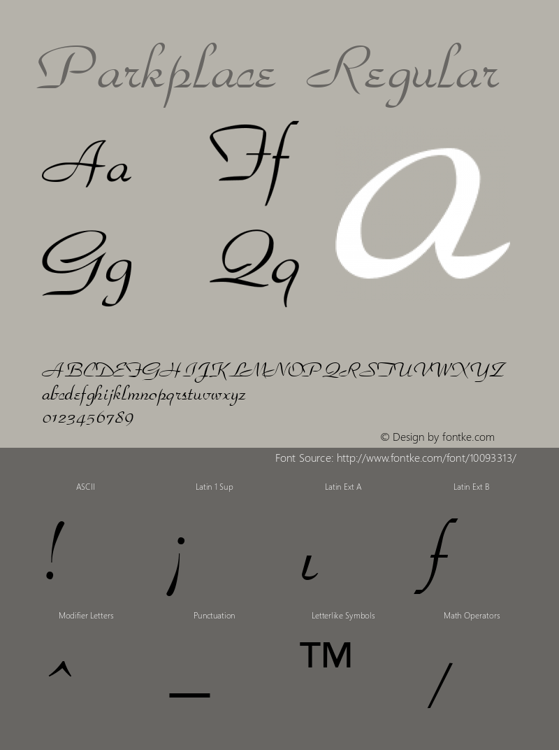 Parkplace Regular The IMSI MasterFonts Collection, tm 1995, 1996 IMSI (International Microcomputer Software Inc.) Font Sample