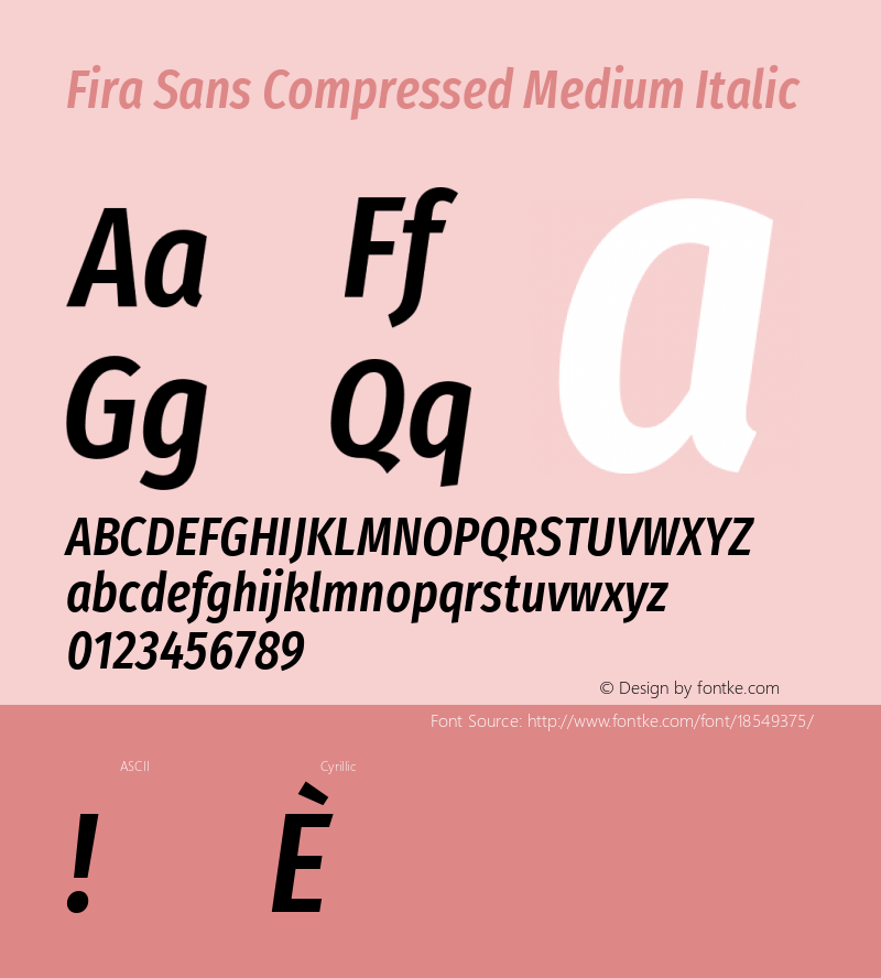 Fira Sans Compressed Medium Italic Version 4.203;PS 004.203;hotconv 1.0.88;makeotf.lib2.5.64775; ttfautohint (v1.4.1) Font Sample