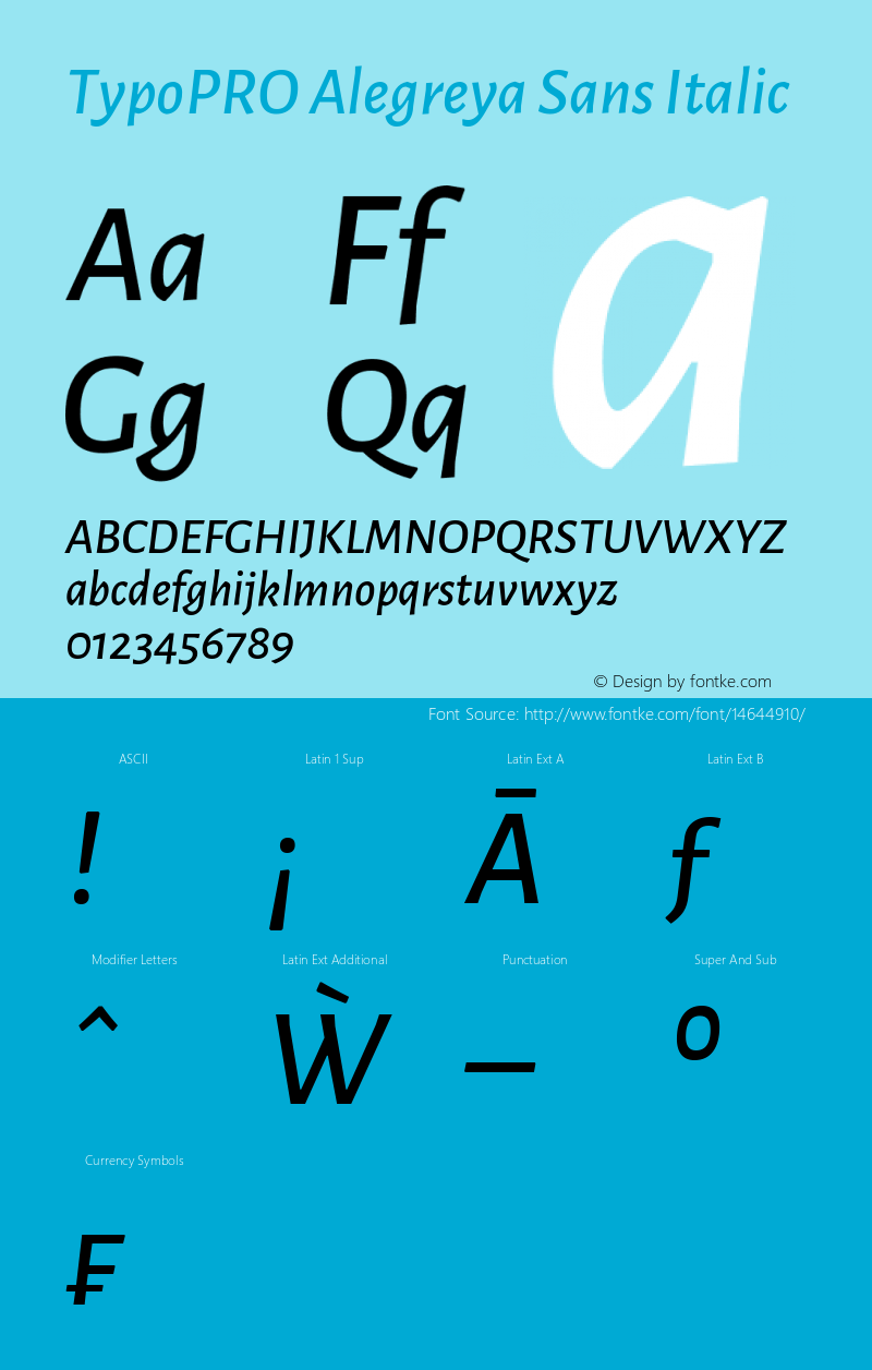 TypoPRO Alegreya Sans Italic Version 1.000;PS 001.000;hotconv 1.0.70;makeotf.lib2.5.58329 DEVELOPMENT Font Sample