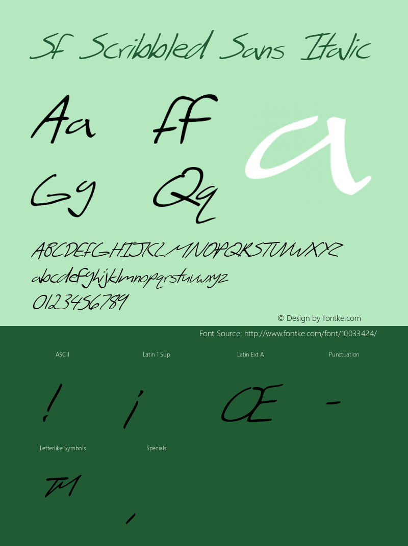 SF Scribbled Sans Italic ver 1.0; 1999. Freeware for non-commercial use. Font Sample