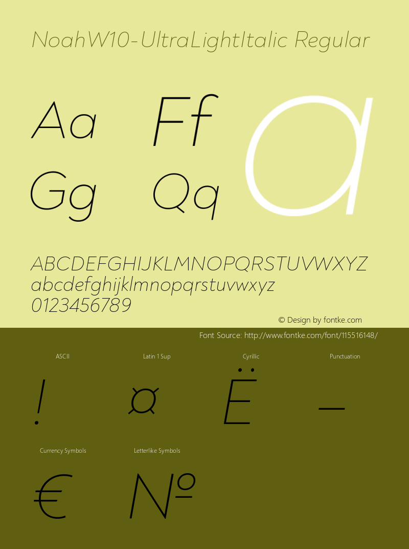 Noah W10 UltraLight Italic Version 1.00 Font Sample