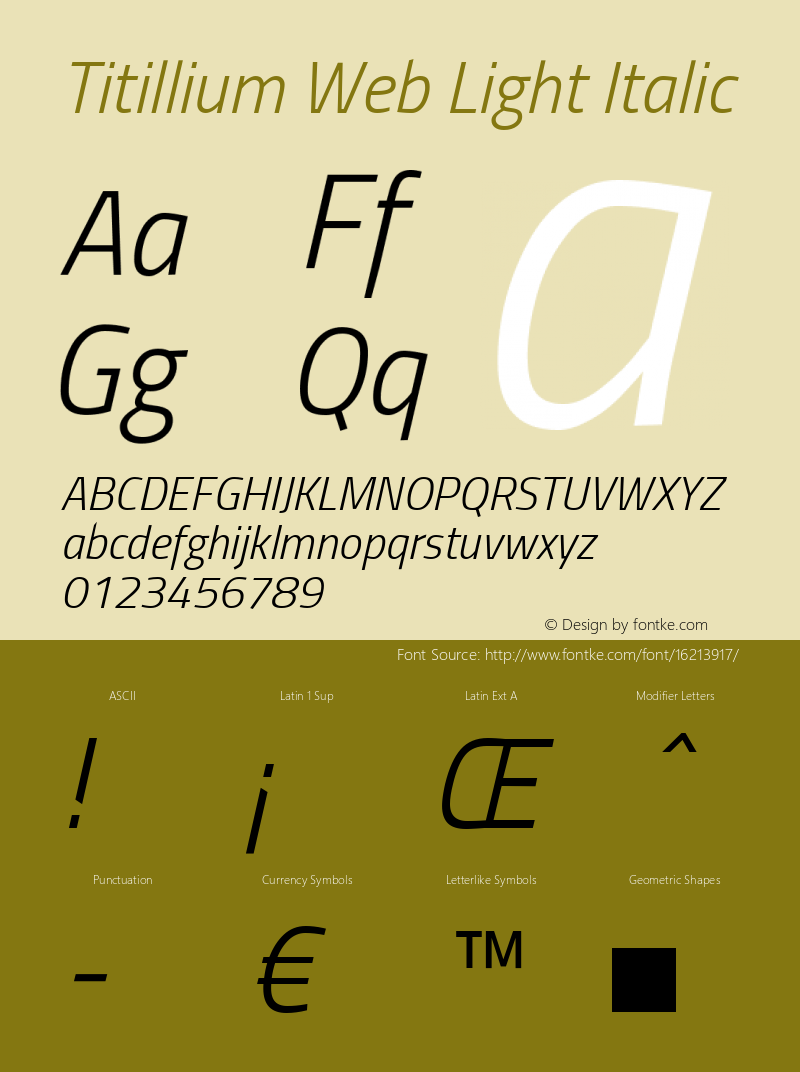 Titillium Web Light Italic Version 1.001;PS 57.000;hotconv 1.0.70;makeotf.lib2.5.55311 Font Sample