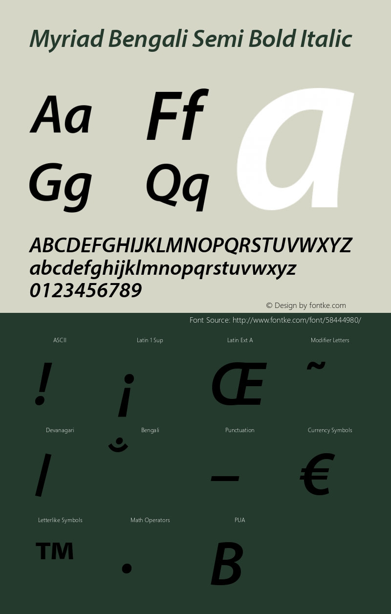 Myriad Bengali Semi Bold Italic Version 1.062;PS 1.58;hotconv 16.6.54;makeotf.lib2.5.65590 Font Sample