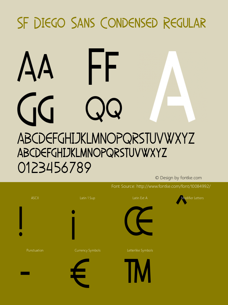 SF Diego Sans Condensed Regular ver 1.0; 2001. Freeware. Font Sample