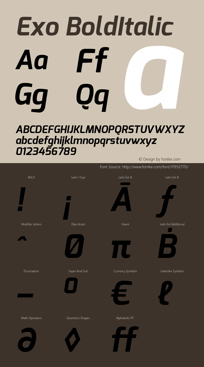 Exo BoldItalic Version 1.00 Font Sample